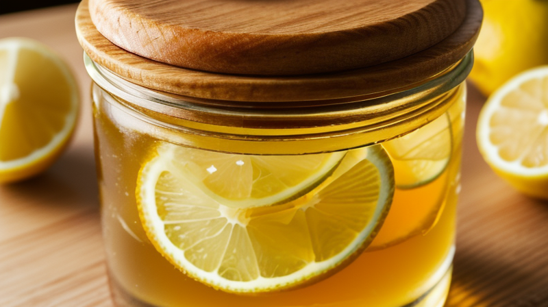 Honey jar with lemon and ginger natural cough remedy ingredients